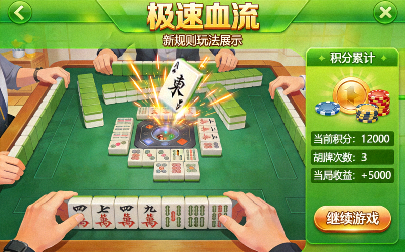 一目棋牌麻将新规则'极速血流'玩法展示：快速胡牌与积分累计界面