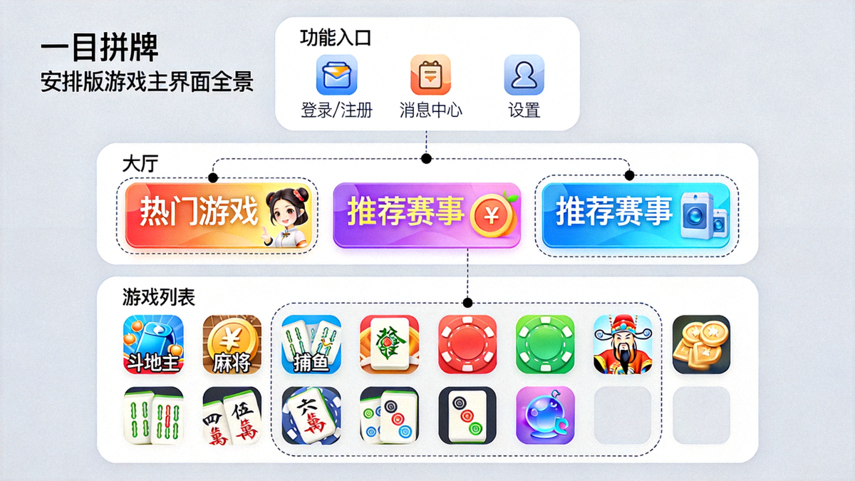 一目棋牌安卓版游戏主界面全景标注图 - 标注大厅、游戏列表、功能入口等区域